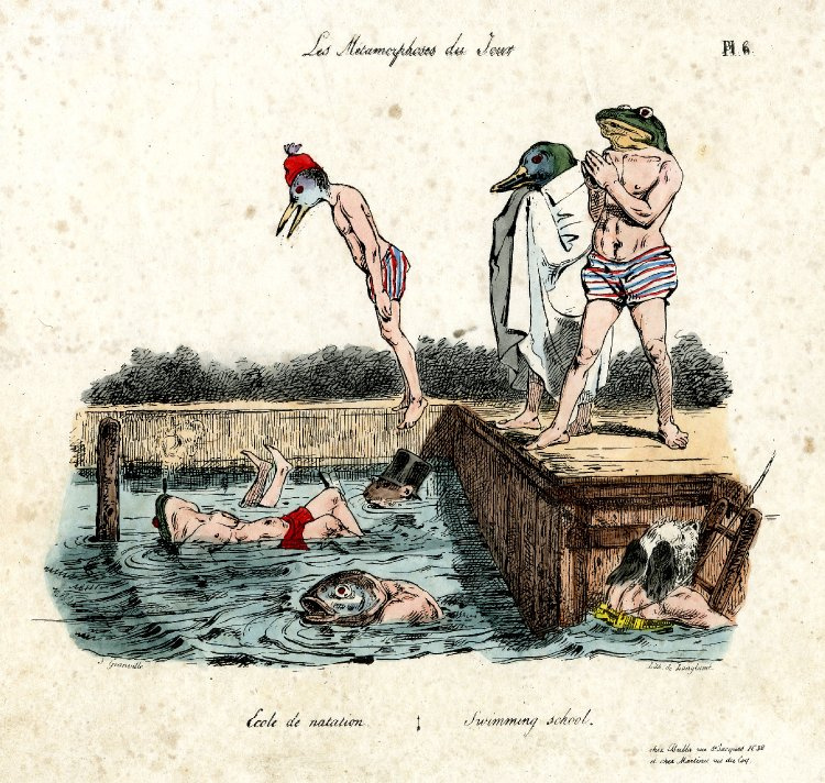 Jean Ignace Isidore Gérard Grandville. School of swimming. The series "Metamorphoses of the day"