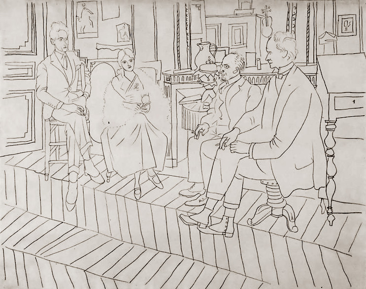 Pablo Picasso. In the lounge on La Boesa street: Jean Cocteau, Olga, Eric Satie, Clive Bell