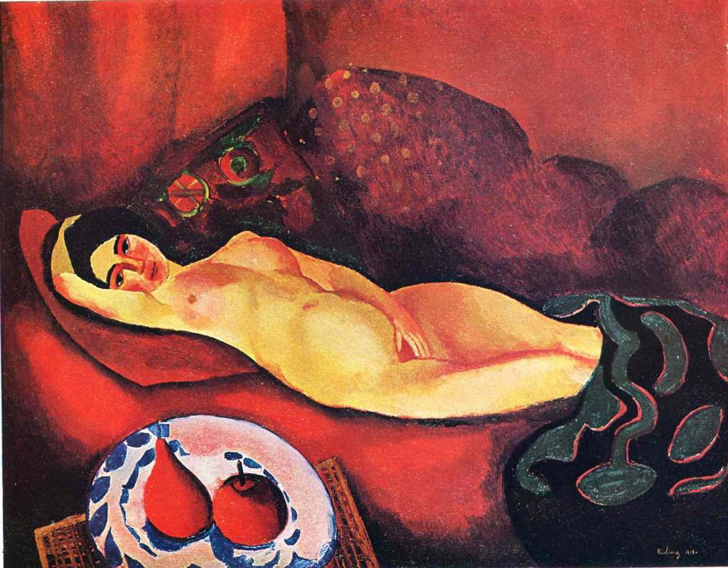 Moses Kisling. Nude on red sofa