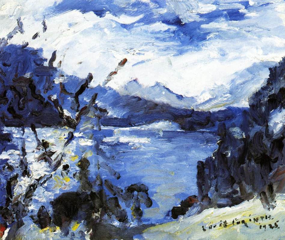 Lovis Corinth. Lake Walchen with a mountain range on the horizon and cliff