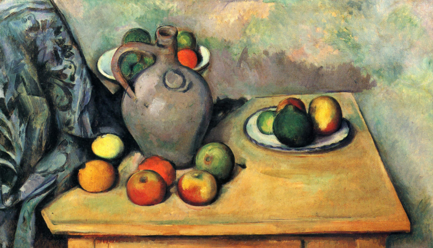 Paul Cezanne. Still life with pitcher and fruit on table