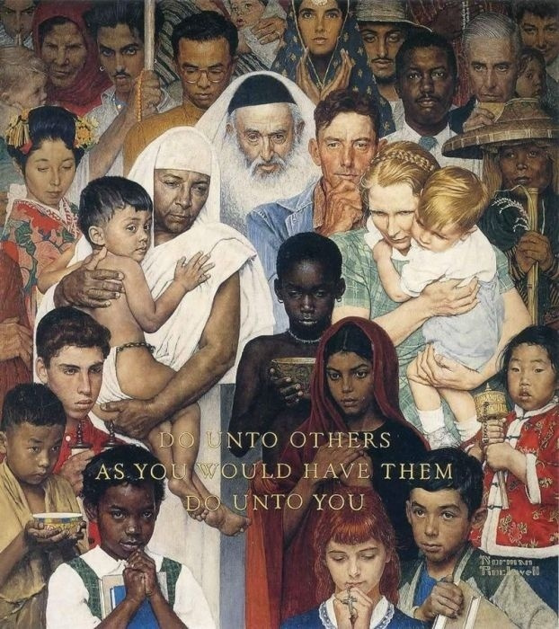 Norman Rockwell. The Golden rule. Do unto others as you want done to you. Cover of "The Saturday Evening Post" (April 1, 1961)