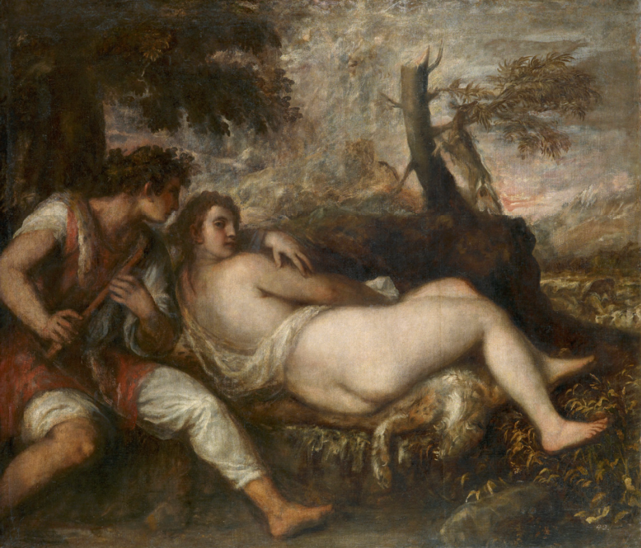 Titian Vecelli. Nymph and shepherd