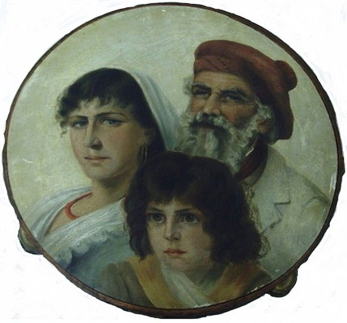 Pierre-Auguste Renoir. Family portrait on a tambourine. Agostina Segatori, her son Jean-Pierre and husband