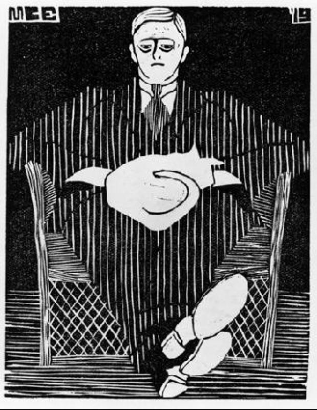 Maurits Cornelis Escher. Seated man with a cat on his lap