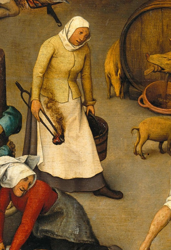 Pieter Bruegel The Elder. Flemish proverbs. Fragment: Carry a fire in one hand and water in another - to be two-faced