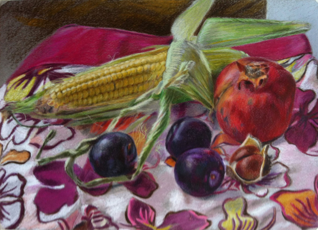 Sophia Khasanova. Still life with corn, plums, chestnut and pomegranate