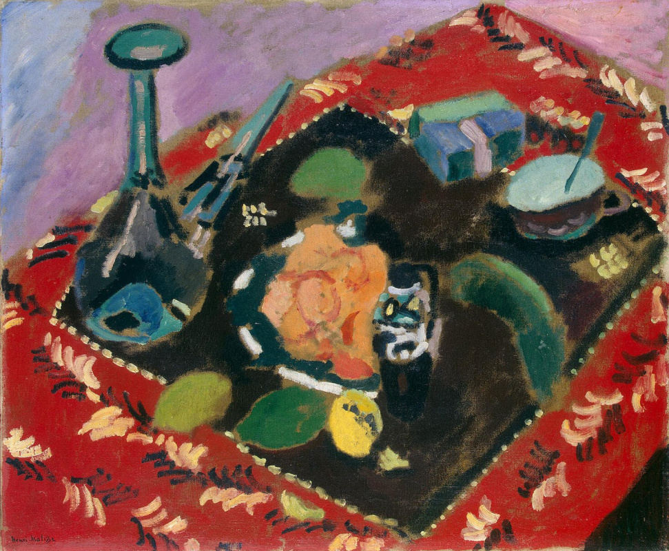 Henri Matisse. Tableware and fruit on a red and black carpet