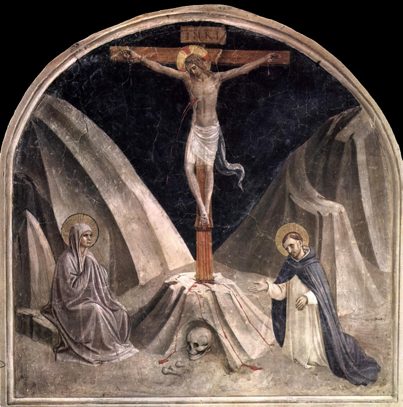 Фра Беато Анджелико. Crucifixion with Mary, Saint Peter the Martyr, Golgotha and the skull of Adam. Fresco of the Monastery of San Marco, Florence