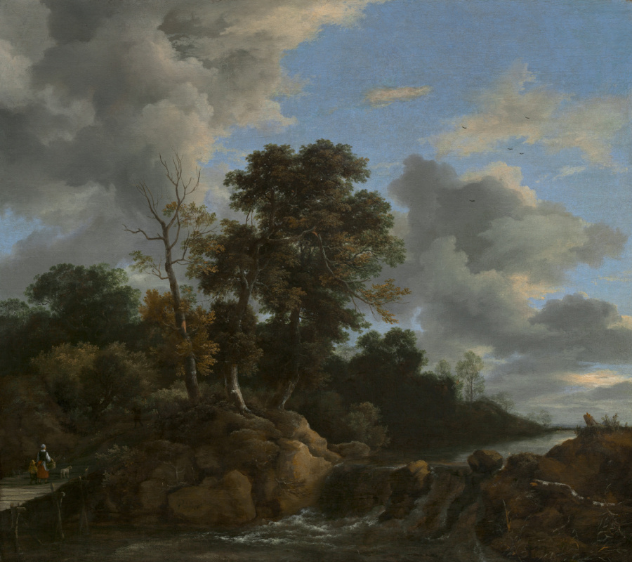 Jakob van Isaacs Ruisdael. Forest landscape with a bridge at the waterfall