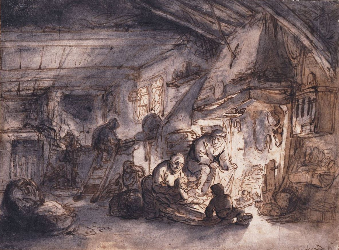 Adrian Jans van Ostade. Peasant family at the hearth