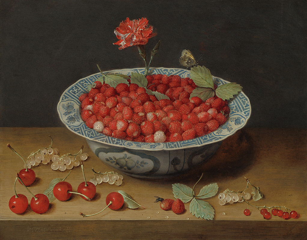 Jakob van Hülsdonk. Strawberries and cloves in a bowl