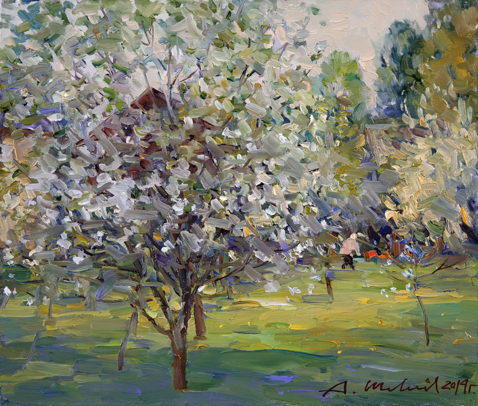 Alexander Shevelyov. Flowering trees. HDF, oil 30 x 35 cm. 2014