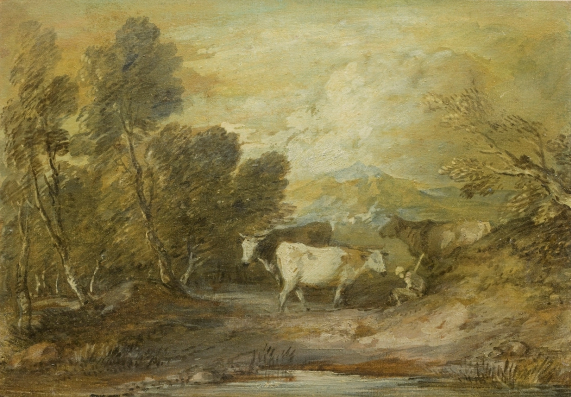 Thomas Gainsborough. Landscape with herdsman and three cows at the pond