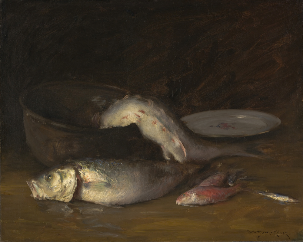 William Merritt Chase. Bodegón con peces y un gran caldero de cobre.
