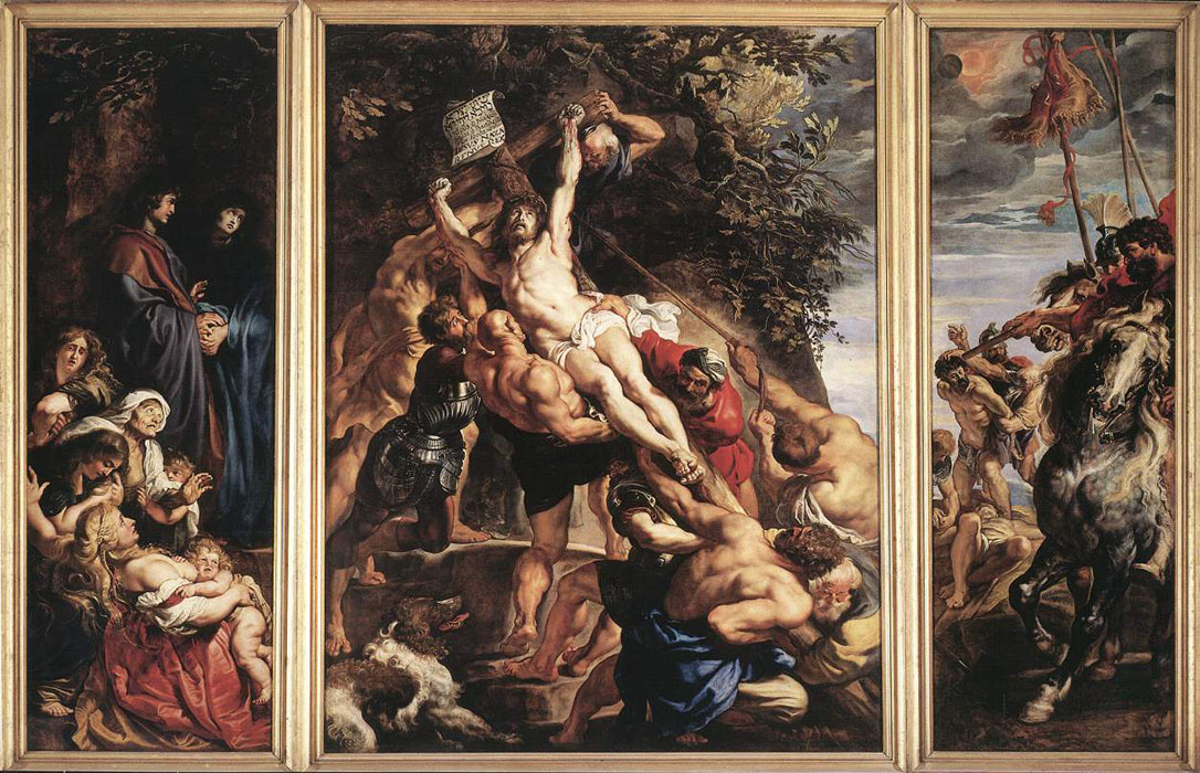 Peter Paul Rubens. The Erection of the Cross, triptych, general view, scene on the left: Mary and St. John, the installation of the cross by soldiers