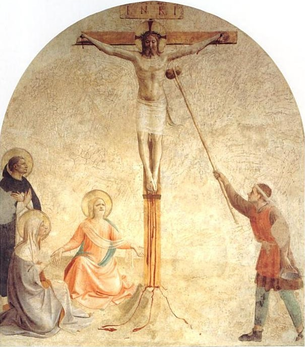 Fra Beato Angelico. Crucifixion with Mary and St. Dominic: Christ stretch the sponge with water. Fresco of the Monastery of San Marco, Florence