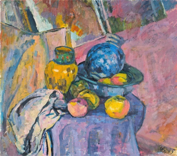 Giovanni Giacometti. Still life with yellow vase and fruit