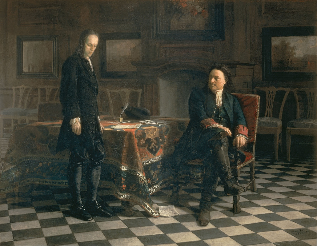 Nikolai Nikolaevich Ge. Peter the great interrogating the Tsarevich Alexei Petrovich in Peterhof