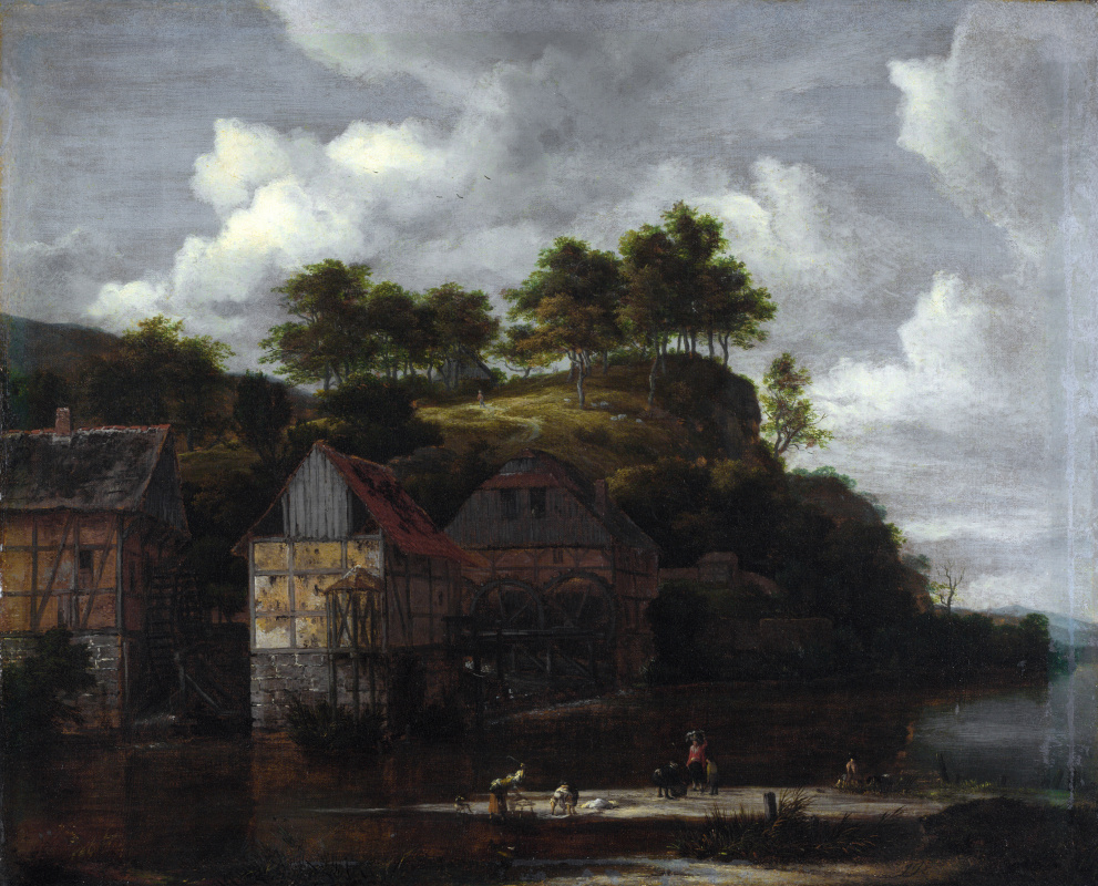 Jakob van Isaacs Ruisdael. Three watermills and laundresses