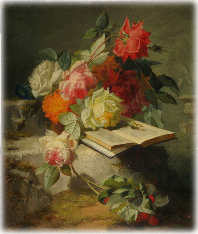 Jean-Baptiste Robey. Still life with flowers and a book