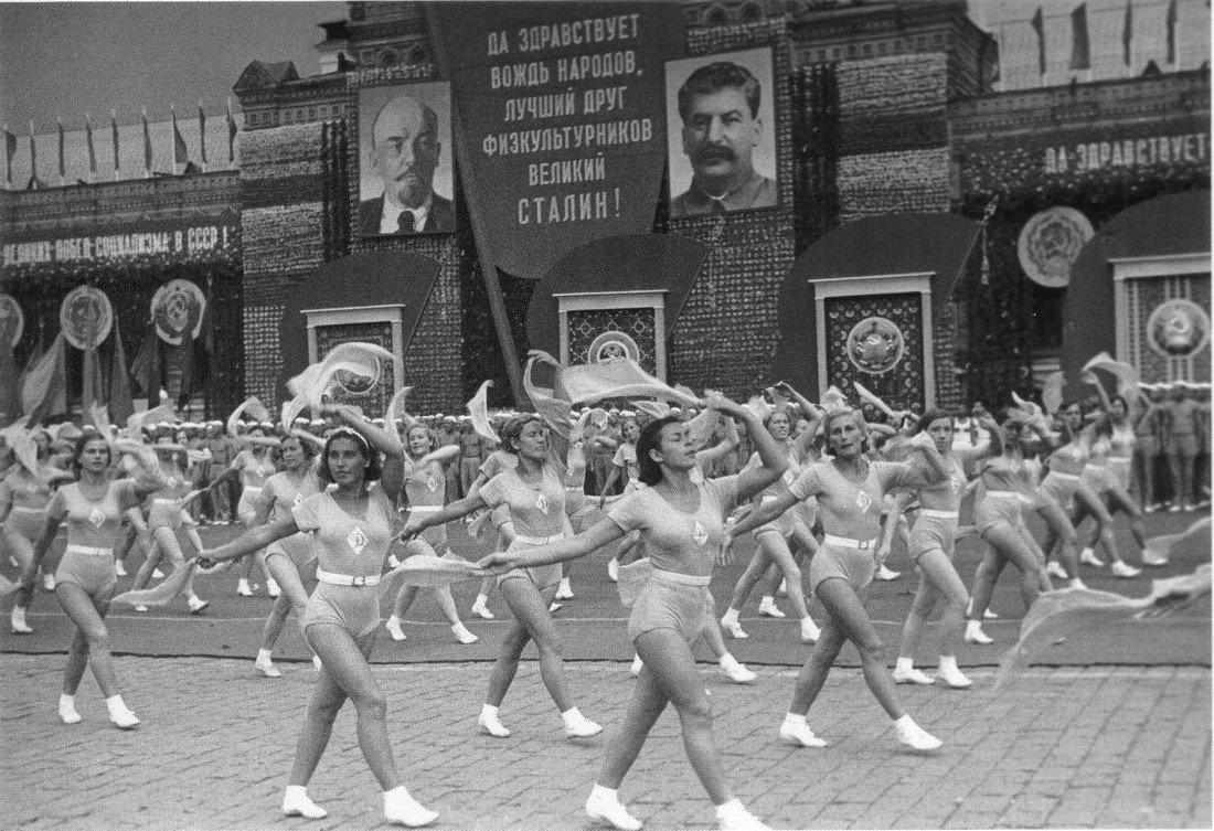 Historical photos. Stalin is the best friend of athletes. Poster with the slogan at the sports parade.