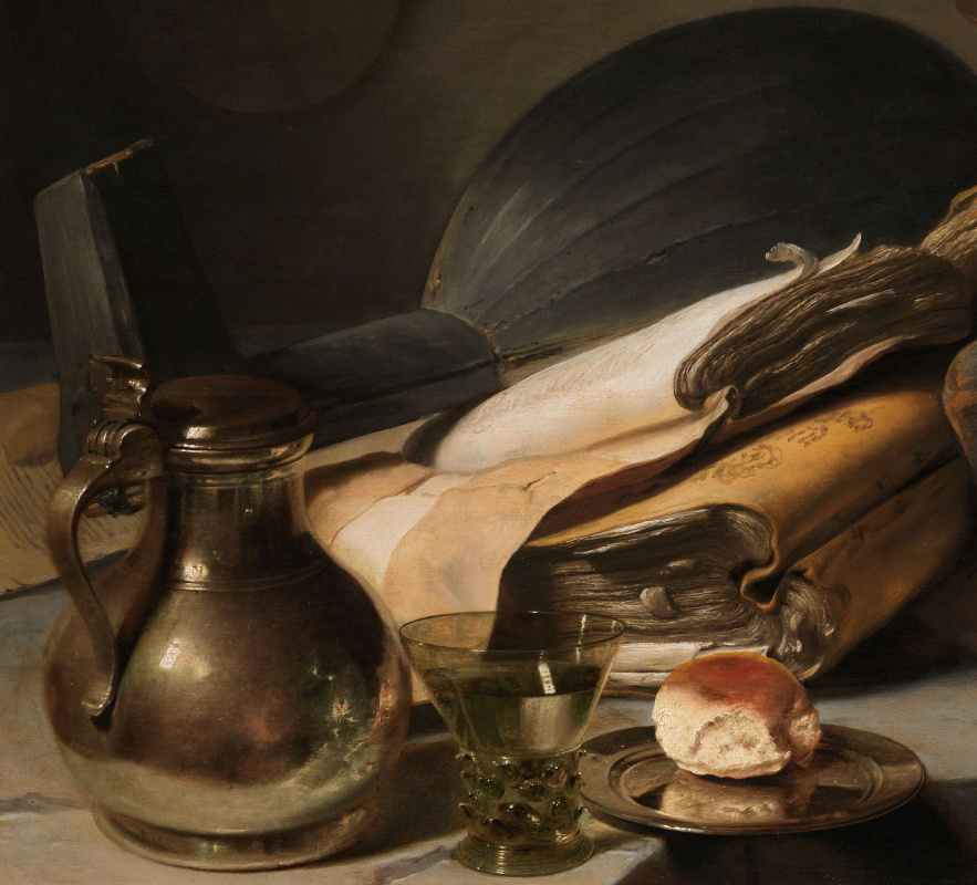 Jan Lievens. Still life with books. Fragment. Jug, a Roemer and lute