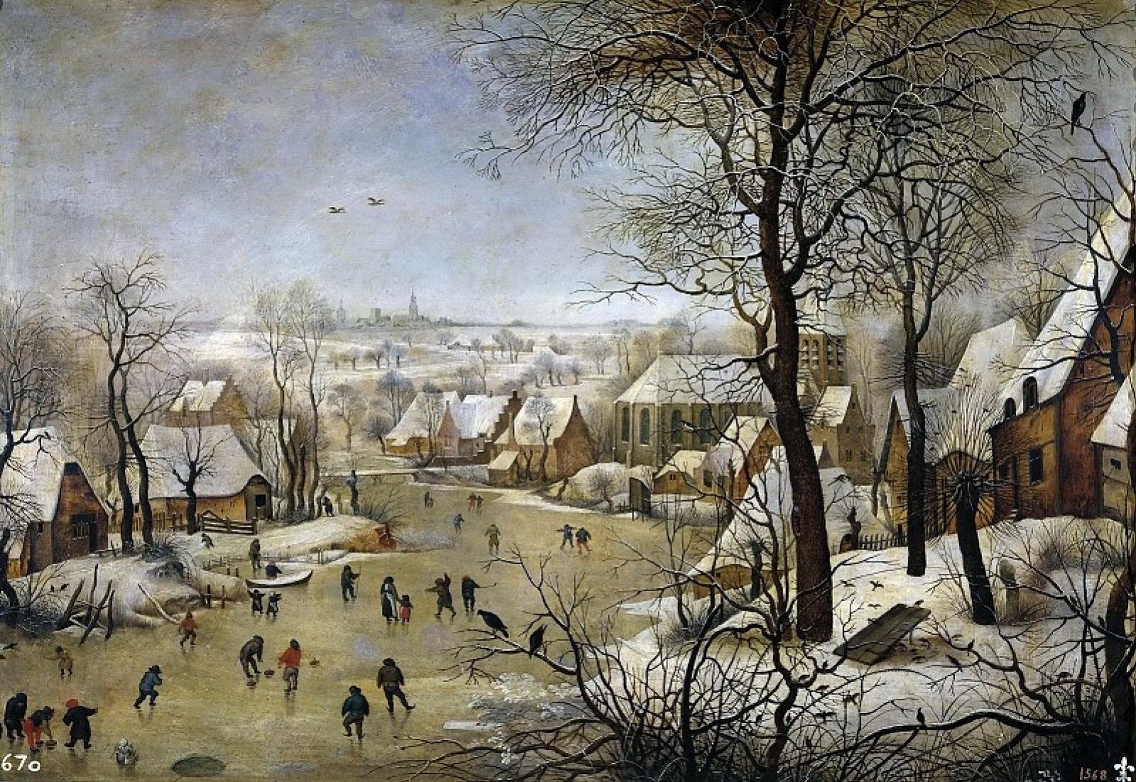 Winter landscape with skaters and bird trap, 1601, 57×40 cm by