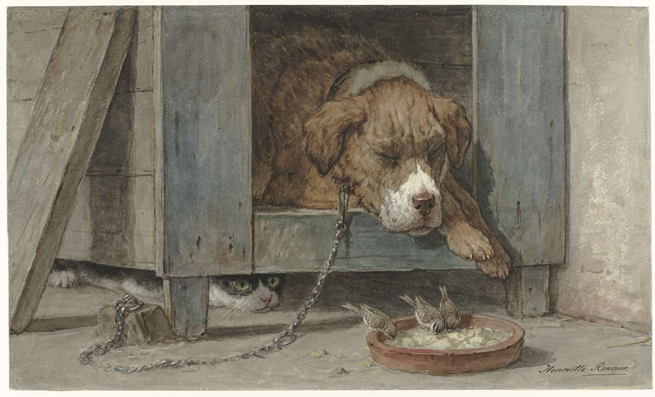 Генриетта Роннер-Книп. Кот наблюдает за птицами, которые едят из тарелки спящего пса
