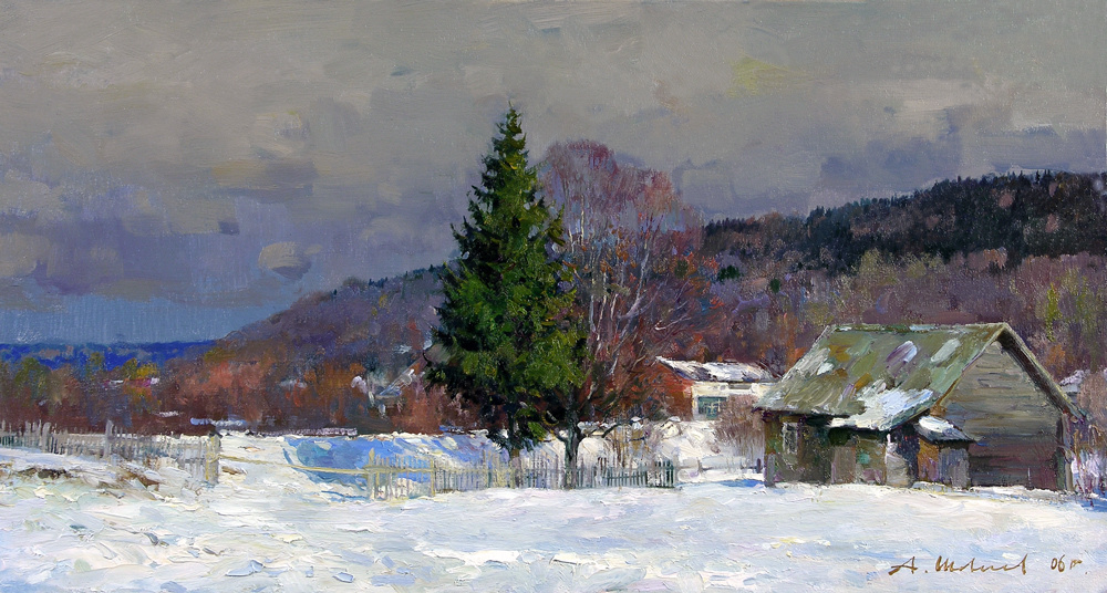 Alexander Shevelyov. Winter Sherehovichi.Oil on canvas of 27.3 # 50,4 cm 2006