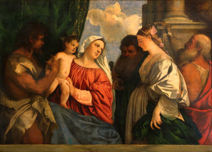 Titian Vecelli. Madonna mit Kind und vier Heiligen, Johannes der Täufer, Paulus, Maria Magdalena und Hieronymus