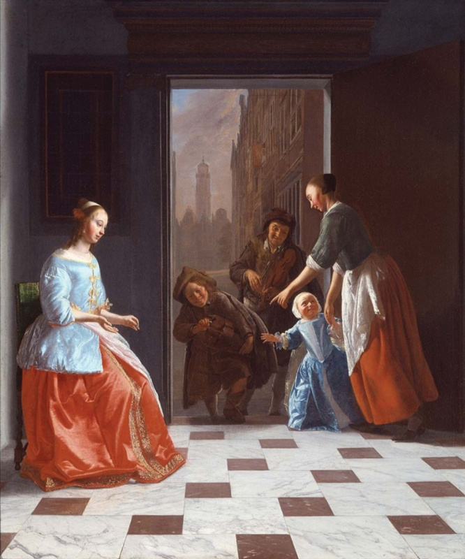 Jacob Lucas Ohterwelt. Street musicians at the door of a rich house