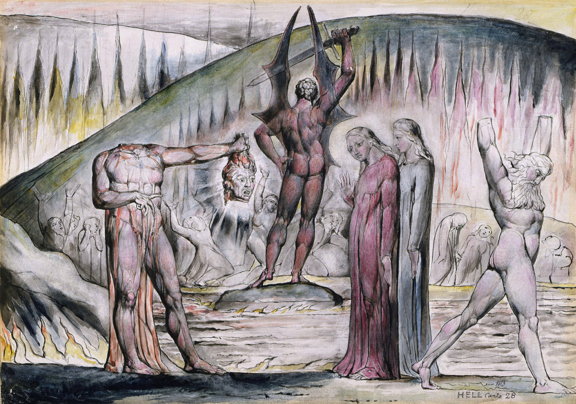 William Blake. Split and ruin: Mosca de Lamberti and Bertrand de born. Illustrations for "the divine Comedy"