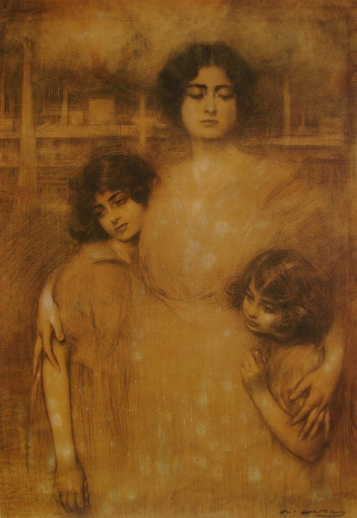 Рамон Касас Карбо. Женщина с двумя детьми. Эскиз для плаката