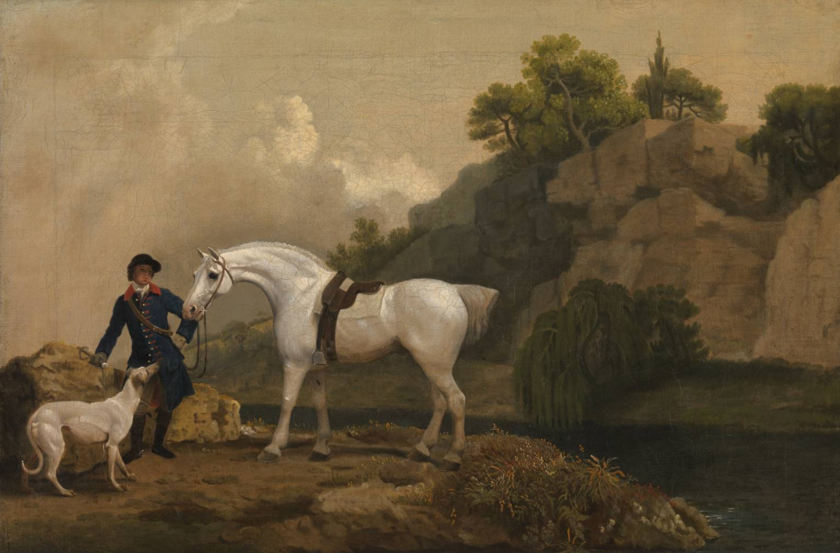 George Stubbs. Horse Grey hunter with a groom and a Greyhound on the rocks Cresswell-Crags