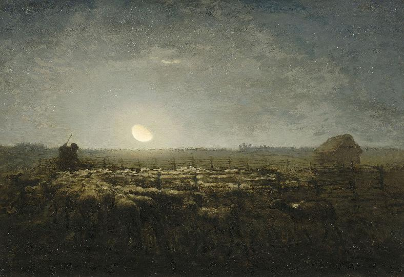 Jean-François Millet. Shepherd with flock of sheep in the moonlight