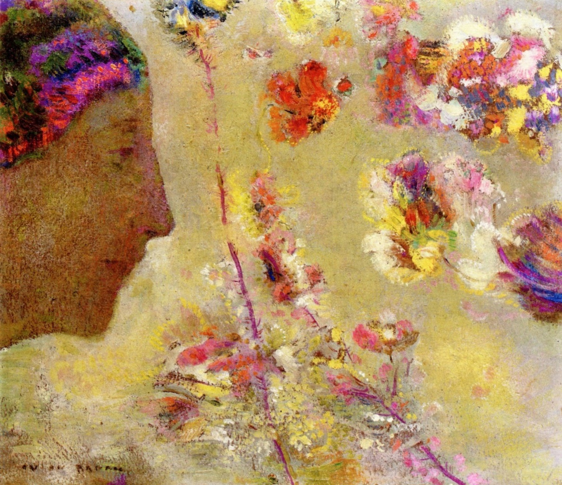 Odilon Redon Profile of a woman with butterfly and flowers, 28×25
