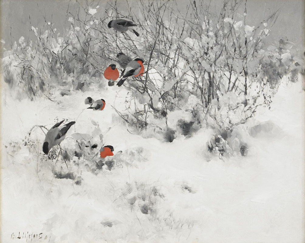 Bruno Liljefors. Winter landscape with bullfinches