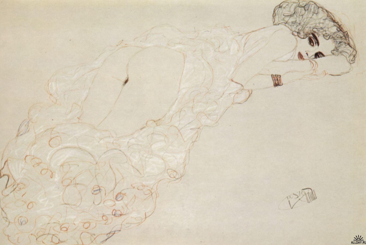 Gustav Klimt. Couchée sur le ventre femme nue