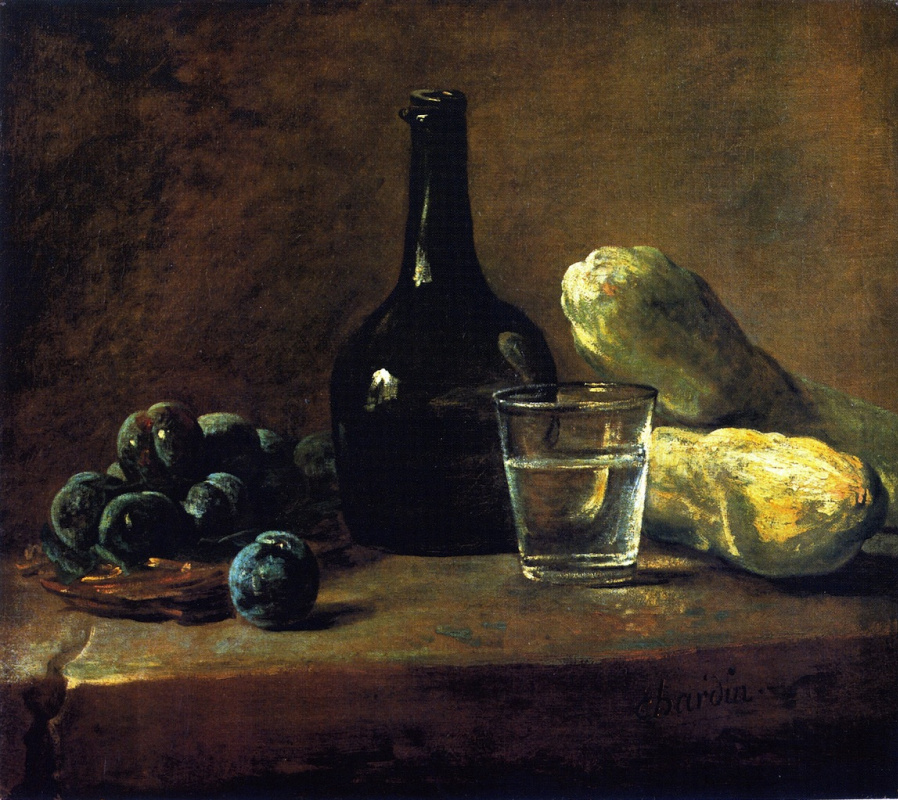 Jean Baptiste Simeon Chardin. Still life with plums, a bottle and a glass of water