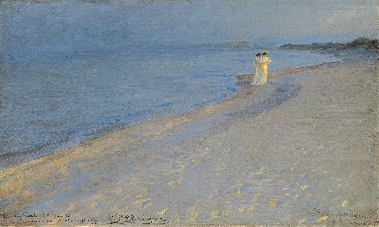 佩德·塞维林（Peder Severin）. Summer evening on the southern beach of Skagen. Anna Archer and Marie Krøyer