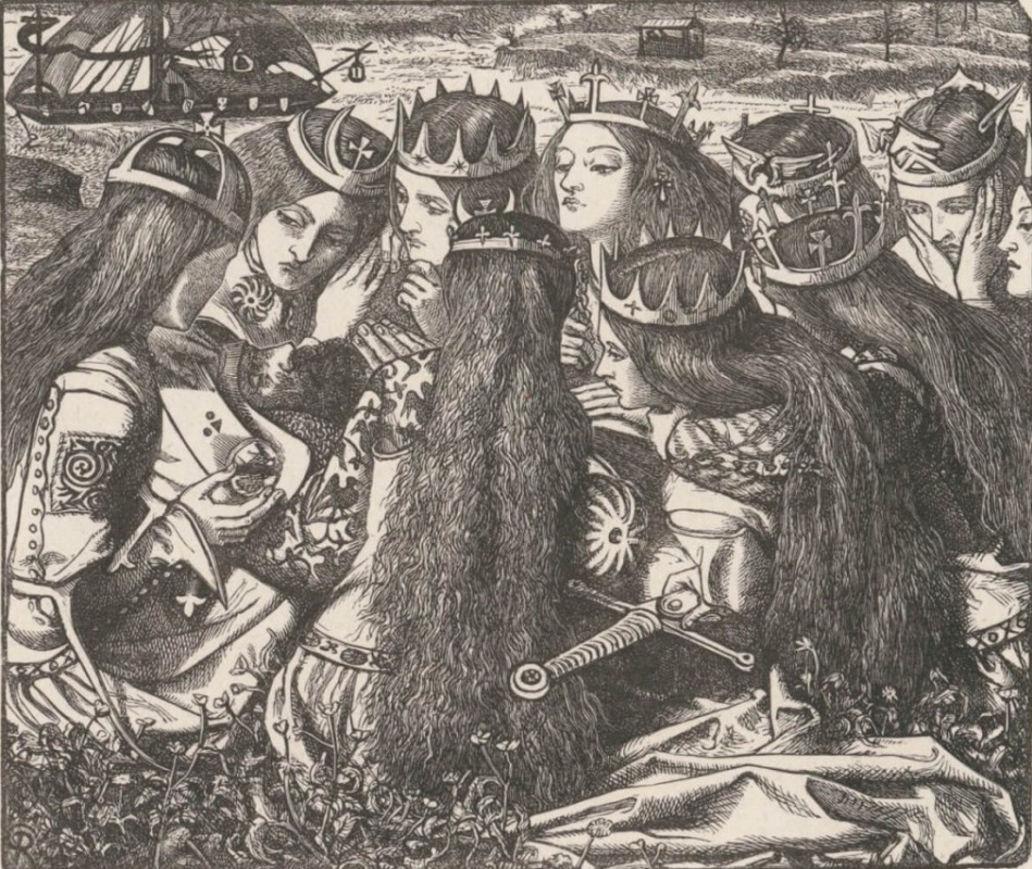 Dante Gabriel Rossetti. King Arthur and the weeping Queens. Illustration for the poetry of Tennyson