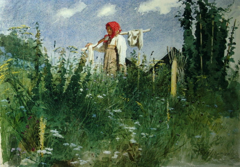 Ivan Nikolayevich Kramskoy. The girl with the linen on the yoke in the grass