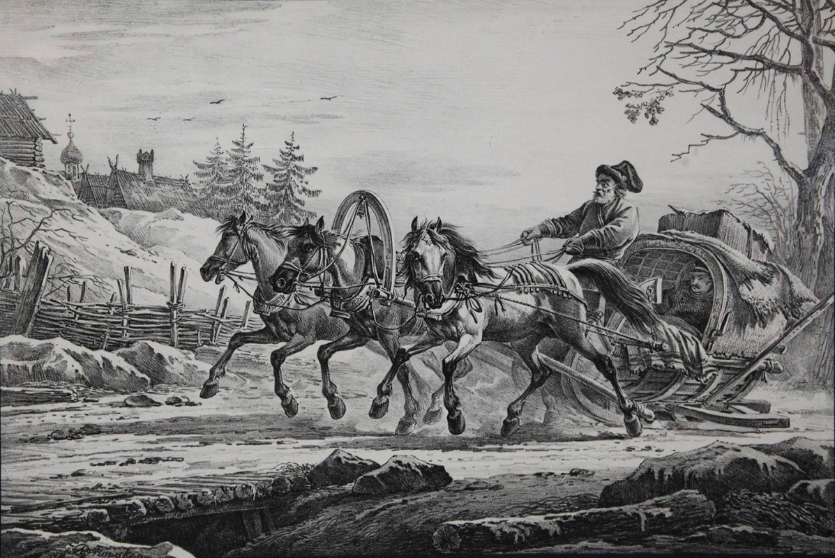 Alexander Osipovich Orel. The journey in the wagon, drawn by three