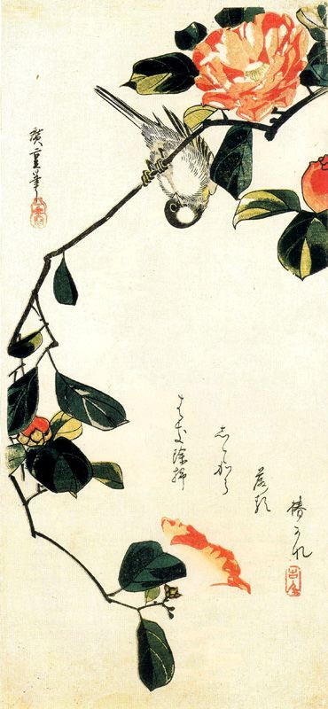 Utagawa Hiroshige. Tit on a branch of Camellia. Series "Birds and flowers"