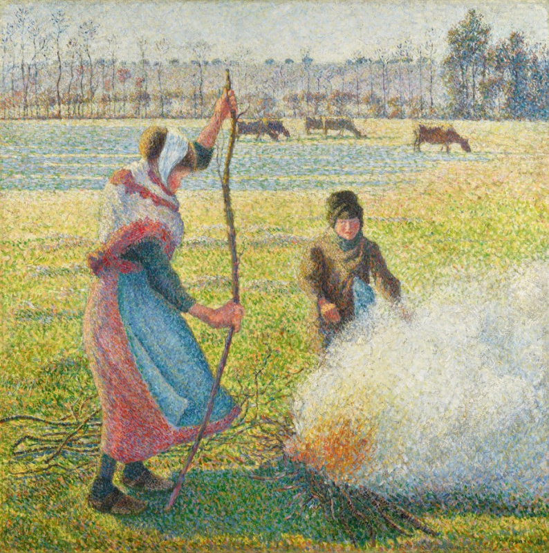 Camille Pissarro. 冰霜年轻的农民女人生火
