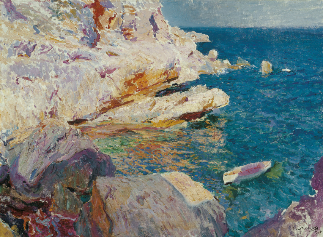 Joaquin Sorolla. Rocks and white boat Javea