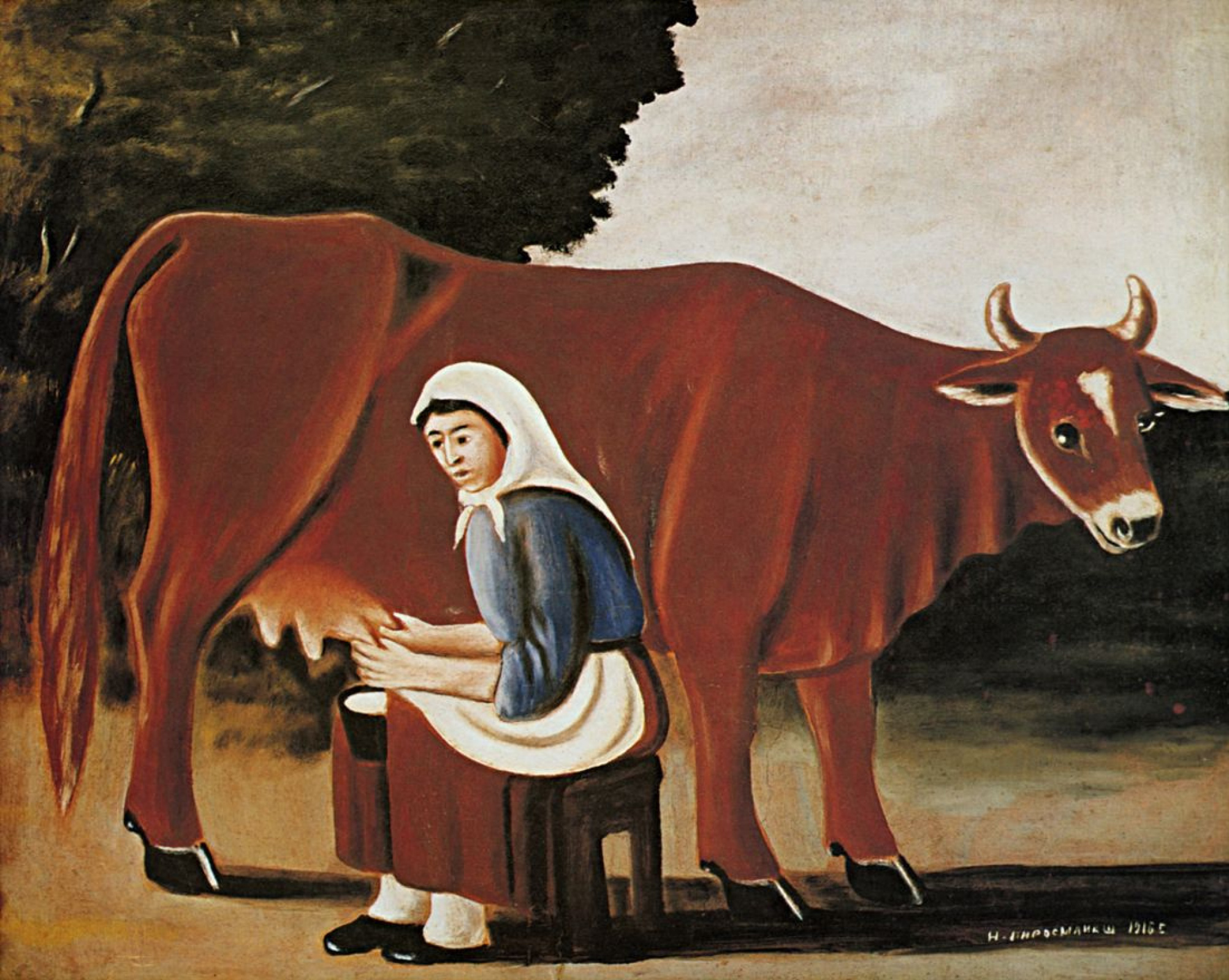 A woman milking a cow, 1916, 100×81 cm by Niko Pirosmani (Pirosmanashvili):  History, Analysis & Facts | Arthive