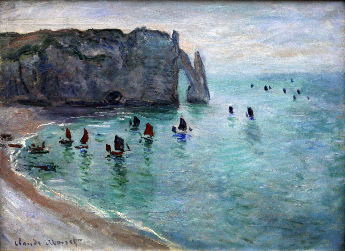 Claude Monet. Etretat, the Porte d Aval. Fishing boats leave the Harbor