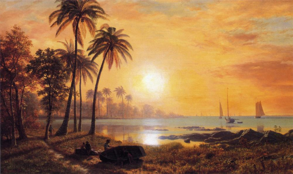 Albert Birštadt. Tropical landscape with fishing boats on the beach